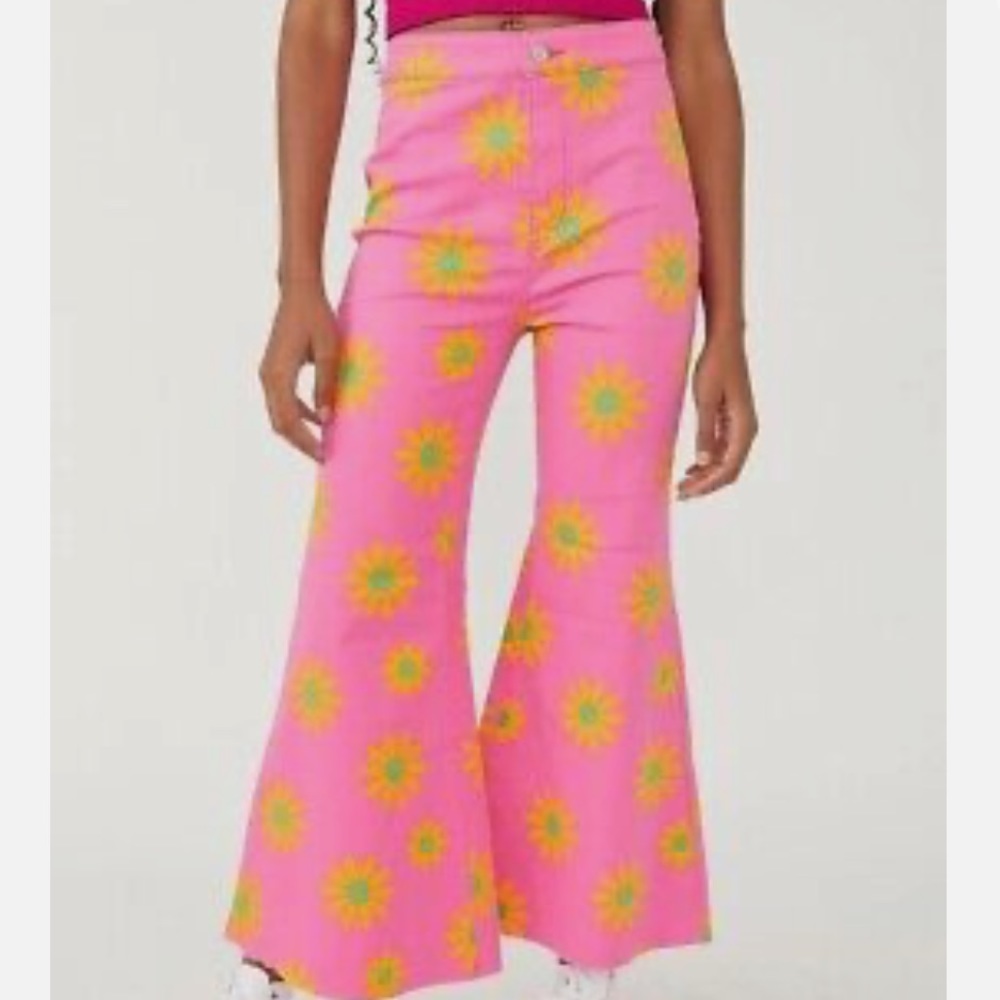 Free People Youthquake Printed Groovy Hippie Floral Crop Jeans